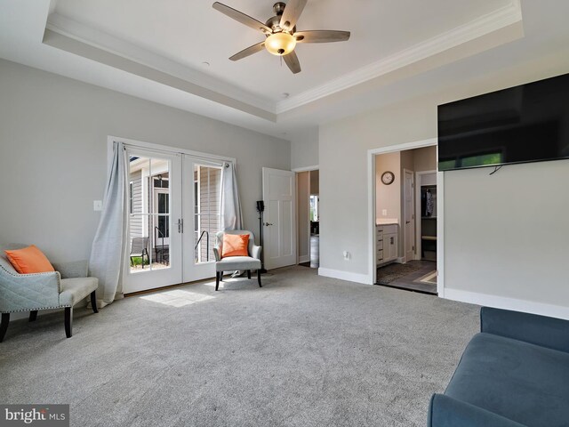 16016 Ambleside Ct, Hughesville, MD 20637 - living area featuring a tray ceiling, french doors, ornamental molding, carpet, and ceiling fan