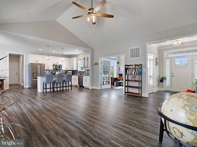 16016 Ambleside Ct, Hughesville, MD 20637 - living room with a ceiling fan, dark wood-style floors, baseboards, high vaulted ceiling, and recessed lighting