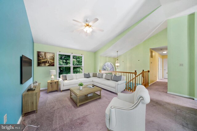 115 Emmitsburg Rd, Thurmont, MD 21788 - carpeted living room featuring lofted ceiling, ceiling fan, and baseboards