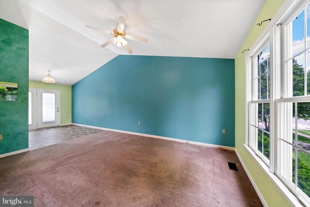 115 Emmitsburg Rd, Thurmont, MD 21788 - unfurnished living room with vaulted ceiling, carpet, baseboards, and ceiling fan