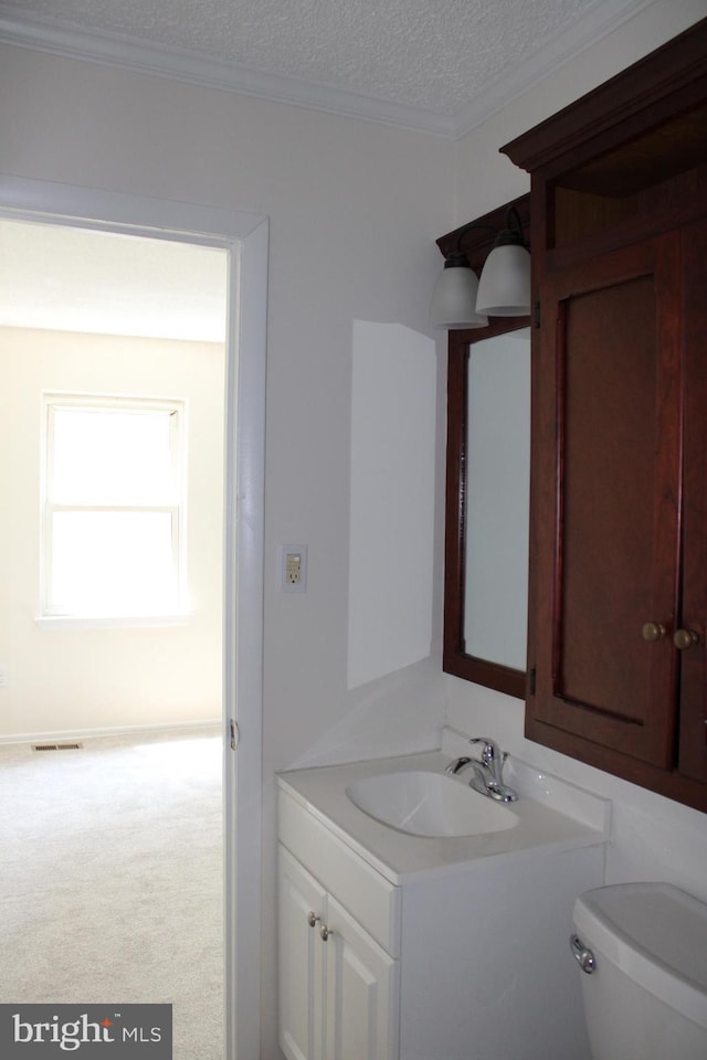 8323 Revelation Ave, Walkersville, MD 21793 - bathroom featuring vanity, toilet, ornamental molding, and a textured ceiling