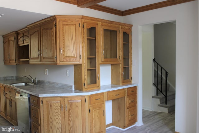 8323 Revelation Ave, Walkersville, MD 21793 - kitchen with dishwasher, a sink, light wood finished floors, ornamental molding, and open shelves