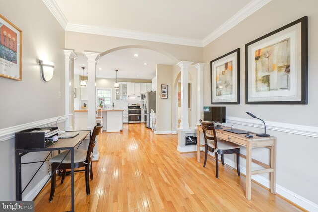 147 Little Quarry Rd, Gaithersburg, MD 20878 - home office featuring ornate columns, light wood-style floors, arched walkways, and ornamental molding
