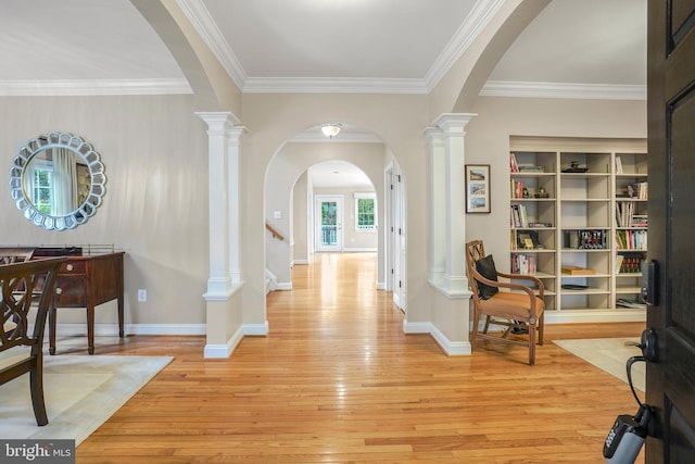 147 Little Quarry Rd, Gaithersburg, MD 20878 - foyer entrance featuring arched walkways, light wood-type flooring, ornamental molding, ornate columns, and baseboards
