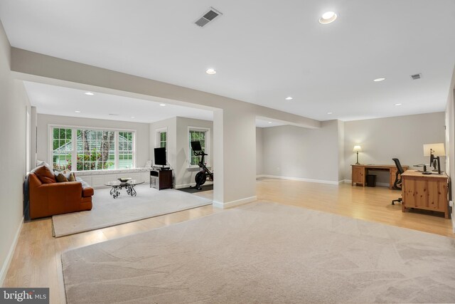 147 Little Quarry Rd, Gaithersburg, MD 20878 - living room featuring a desk, baseboards, recessed lighting, and light wood-style floors
