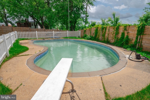 view of pool featuring a fenced backyard and a diving board