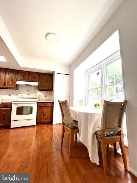 5044 Head Ct, Fairfax, VA 22032 - kitchen featuring white range with electric stovetop, under cabinet range hood, light wood finished floors, and light countertops
