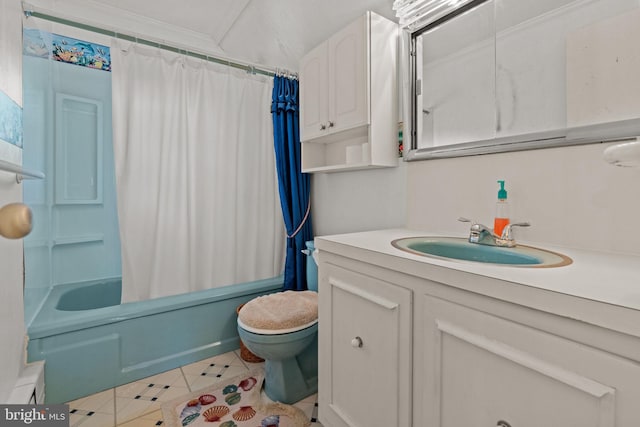 20 Hollow Rd, Levittown, PA 19056 - bathroom featuring toilet, shower / bath combo with shower curtain, vanity, tile patterned flooring, and ornamental molding