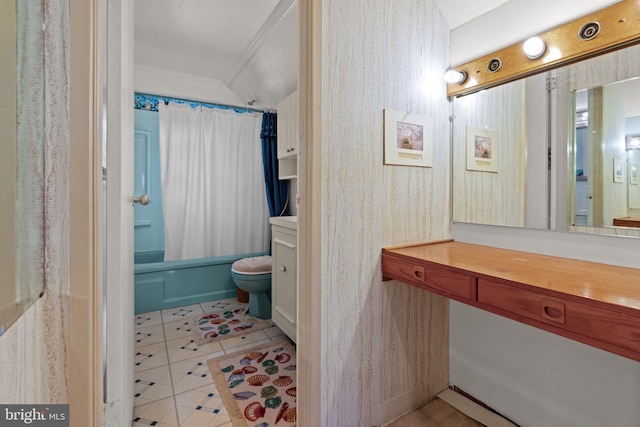 20 Hollow Rd, Levittown, PA 19056 - full bath with vanity, toilet, shower / bathtub combination with curtain, tile patterned flooring, and crown molding