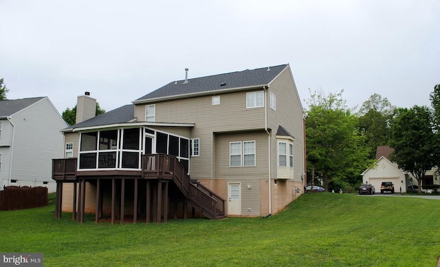 32 Beau Ridge Dr, Stafford, VA 22556 - back of property with a sunroom, a lawn, stairway, and a chimney