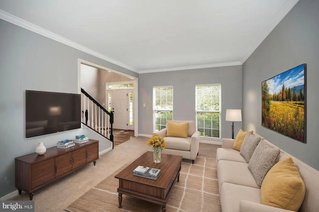 32 Beau Ridge Dr, Stafford, VA 22556 - carpeted living area with stairs, ornamental molding, and baseboards
