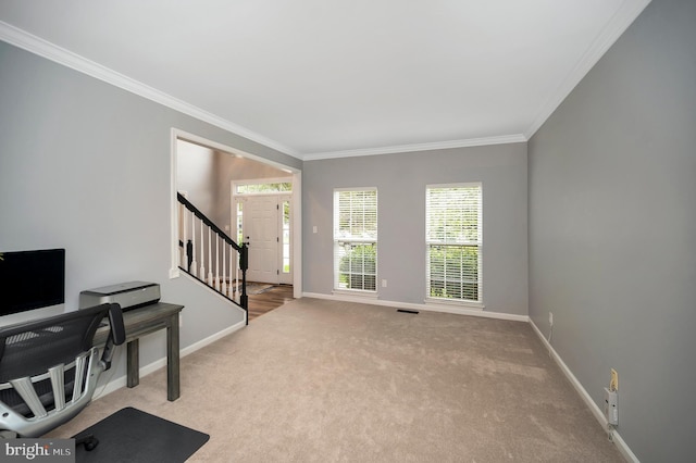 32 Beau Ridge Dr, Stafford, VA 22556 - living room with ornamental molding, baseboards, stairs, and healthy amount of natural light