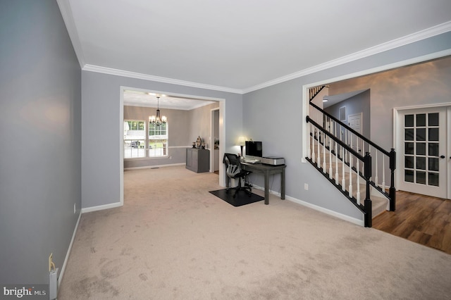 32 Beau Ridge Dr, Stafford, VA 22556 - living room featuring a chandelier, ornamental molding, baseboards, carpet flooring, and an office area