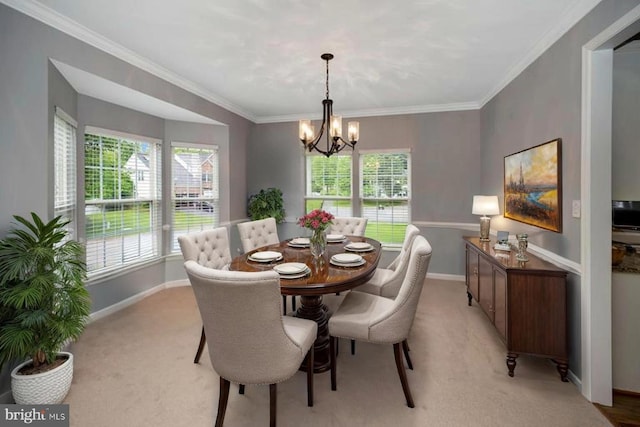 32 Beau Ridge Dr, Stafford, VA 22556 - dining area featuring a chandelier, baseboards, light colored carpet, and ornamental molding