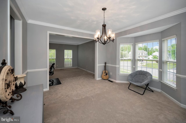 32 Beau Ridge Dr, Stafford, VA 22556 - living area featuring carpet, a chandelier, ornamental molding, and baseboards