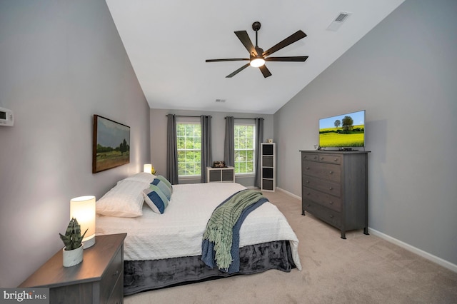32 Beau Ridge Dr, Stafford, VA 22556 - bedroom with light colored carpet, baseboards, high vaulted ceiling, and ceiling fan