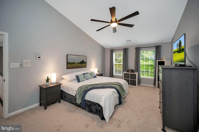 32 Beau Ridge Dr, Stafford, VA 22556 - bedroom with light colored carpet, baseboards, high vaulted ceiling, and ceiling fan