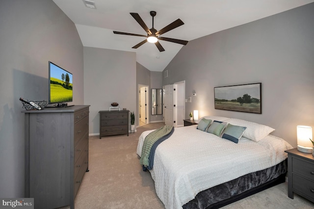 32 Beau Ridge Dr, Stafford, VA 22556 - bedroom featuring light carpet, baseboards, high vaulted ceiling, and a ceiling fan