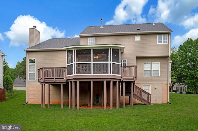 32 Beau Ridge Dr, Stafford, VA 22556 - back of property with a sunroom, a deck, stairway, and a lawn