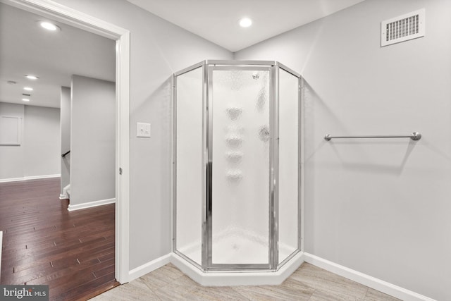 32 Beau Ridge Dr, Stafford, VA 22556 - bathroom featuring baseboards, a stall shower, recessed lighting, and wood finished floors