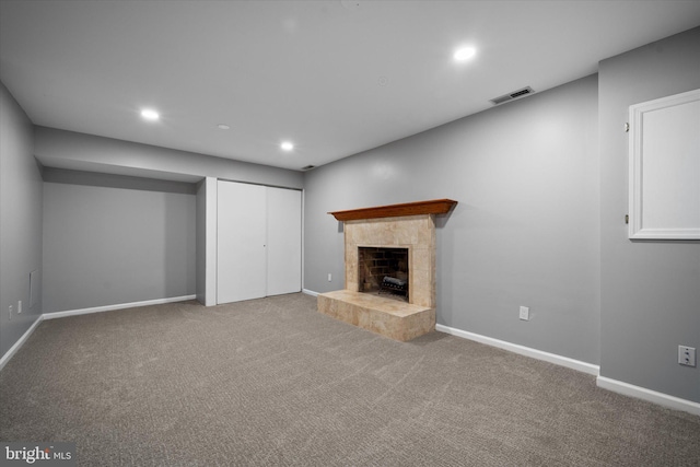 4559 Airlie Way, Annandale, VA 22003 - unfurnished living room featuring recessed lighting, a tiled fireplace, carpet floors, and baseboards