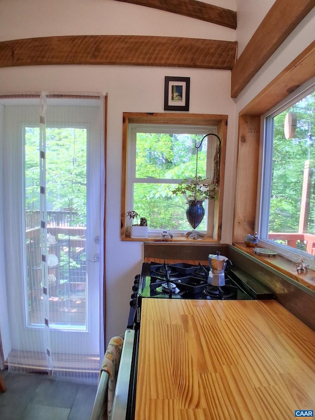 entryway featuring beam ceiling