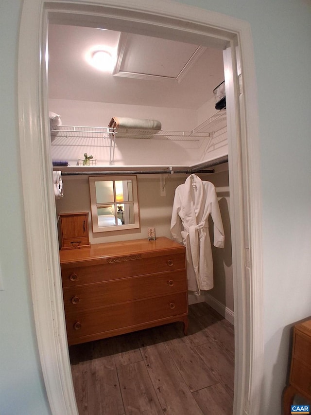 walk in closet with dark wood-style floors and attic access