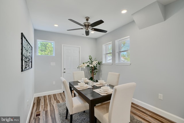 dining room with plenty of natural light, baseboards, ceiling fan, and recessed lighting
