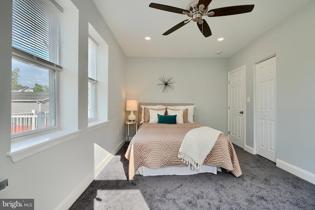 bedroom featuring carpet floors, baseboards, a ceiling fan, and recessed lighting