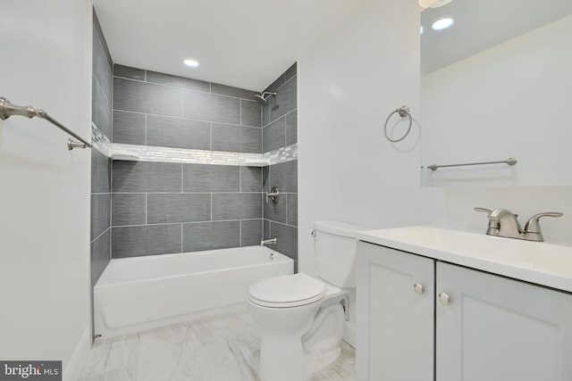 bathroom with toilet, shower / tub combination, recessed lighting, vanity, and marble finish floors