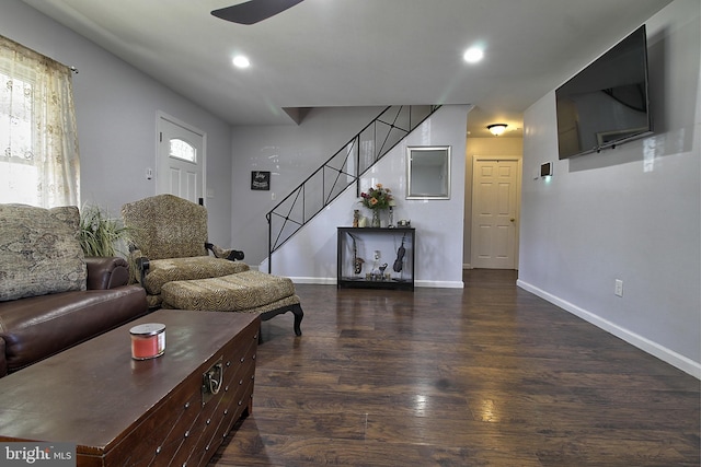 5 Middleton Ln, Willingboro, NJ 08046 - living room featuring wood finished floors, stairway, baseboards, ceiling fan, and recessed lighting