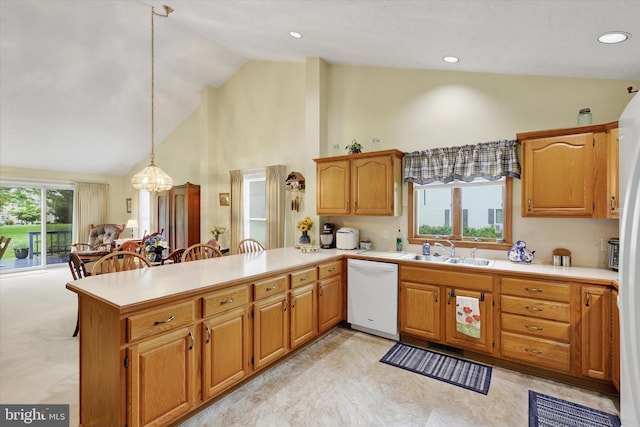 3467 Gleneagles Dr, Chambersburg, PA 17202 - kitchen featuring dishwasher, a sink, high vaulted ceiling, a peninsula, and light countertops