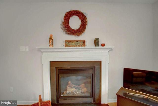 detailed view of a glass covered fireplace and baseboards