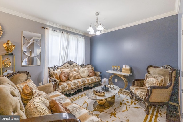 living room with ornamental molding and a chandelier