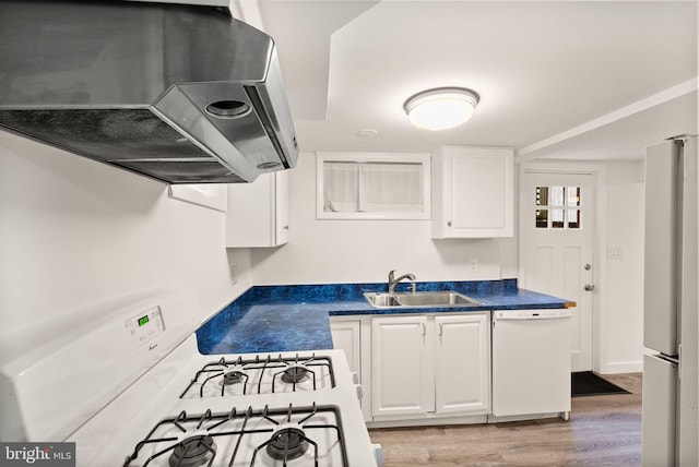 416 S Adams St, Arlington, VA 22204 - kitchen featuring white appliances, a sink, range hood, and white cabinetry
