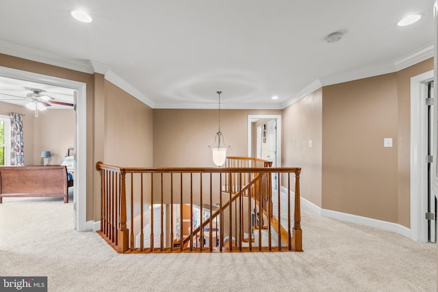 10701 Monocacy Way, Manassas, VA 20112 - hall featuring an upstairs landing, carpet floors, recessed lighting, baseboards, and crown molding