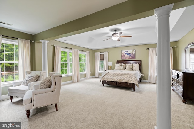 10701 Monocacy Way, Manassas, VA 20112 - bedroom with ornate columns, carpet, baseboards, and ceiling fan
