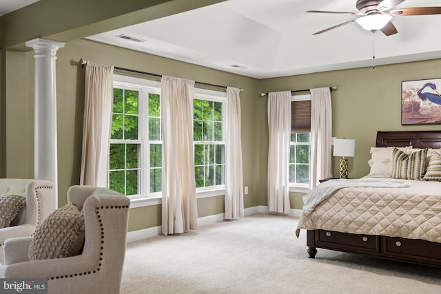 10701 Monocacy Way, Manassas, VA 20112 - bedroom featuring carpet floors, baseboards, decorative columns, and ceiling fan