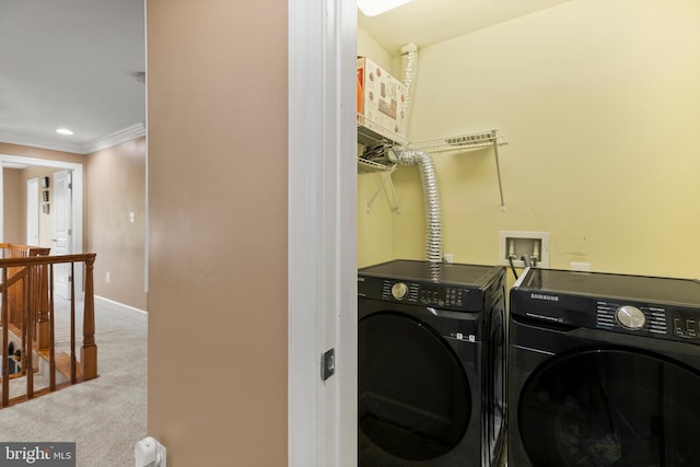 10701 Monocacy Way, Manassas, VA 20112 - laundry area with washing machine and clothes dryer, carpet floors, baseboards, and ornamental molding
