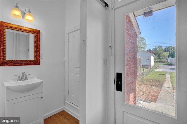 bathroom with baseboards, wood finished floors, and vanity