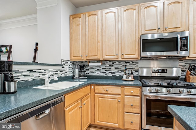 4160 Timber Log Way, Fairfax, VA 22030 - kitchen featuring appliances with stainless steel finishes, a sink, crown molding, dark countertops, and decorative backsplash