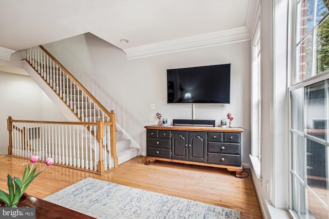 4160 Timber Log Way, Fairfax, VA 22030 - living room featuring light wood-type flooring, stairway, and ornamental molding