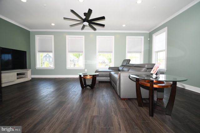 41 Green Dome Pl, Gaithersburg, MD 20878 - living area featuring recessed lighting, baseboards, crown molding, dark wood finished floors, and a ceiling fan