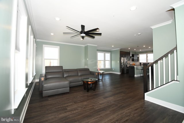41 Green Dome Pl, Gaithersburg, MD 20878 - living room with crown molding, ceiling fan, recessed lighting, dark wood-type flooring, and baseboards