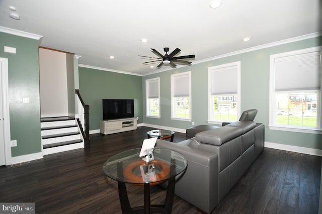 41 Green Dome Pl, Gaithersburg, MD 20878 - living area featuring baseboards, recessed lighting, wood finished floors, crown molding, and stairs