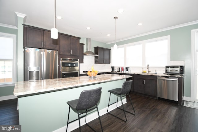 41 Green Dome Pl, Gaithersburg, MD 20878 - kitchen featuring stainless steel appliances, wall chimney range hood, crown molding, dark brown cabinetry, and dark wood-style floors