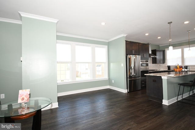 41 Green Dome Pl, Gaithersburg, MD 20878 - kitchen featuring stainless steel appliances, ornamental molding, baseboards, backsplash, and dark wood-style floors