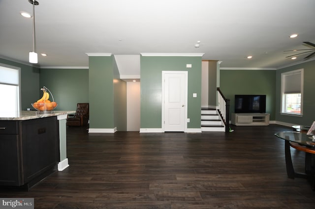41 Green Dome Pl, Gaithersburg, MD 20878 - living room featuring crown molding, stairs, baseboards, recessed lighting, and dark wood-style floors