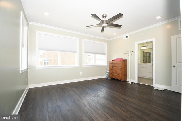 41 Green Dome Pl, Gaithersburg, MD 20878 - unfurnished bedroom featuring crown molding, dark wood-style flooring, baseboards, multiple windows, and connected bathroom