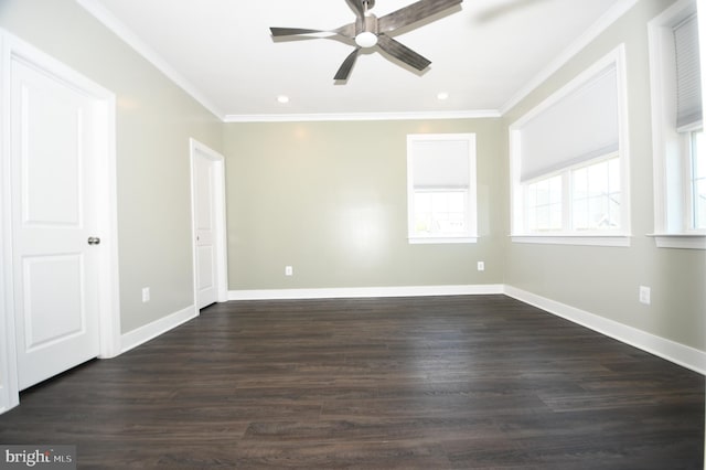 41 Green Dome Pl, Gaithersburg, MD 20878 - spare room featuring crown molding, a ceiling fan, baseboards, and dark wood-style flooring